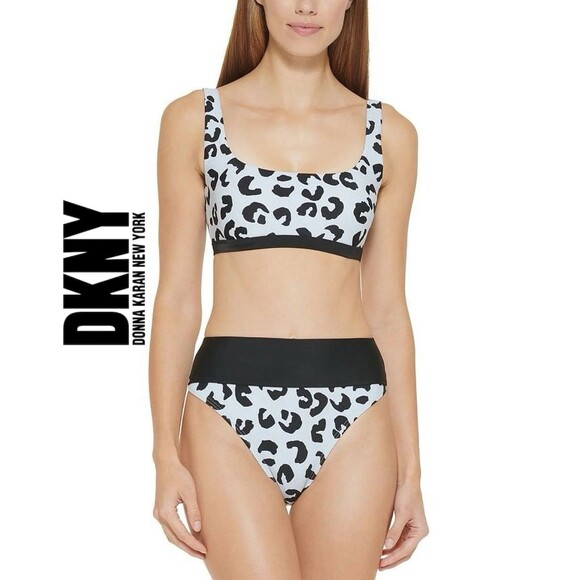 DKNY Leopard Print Bikini Set | High-Waisted Swimwear | Blue White Animal Print - Picture 2 of 8